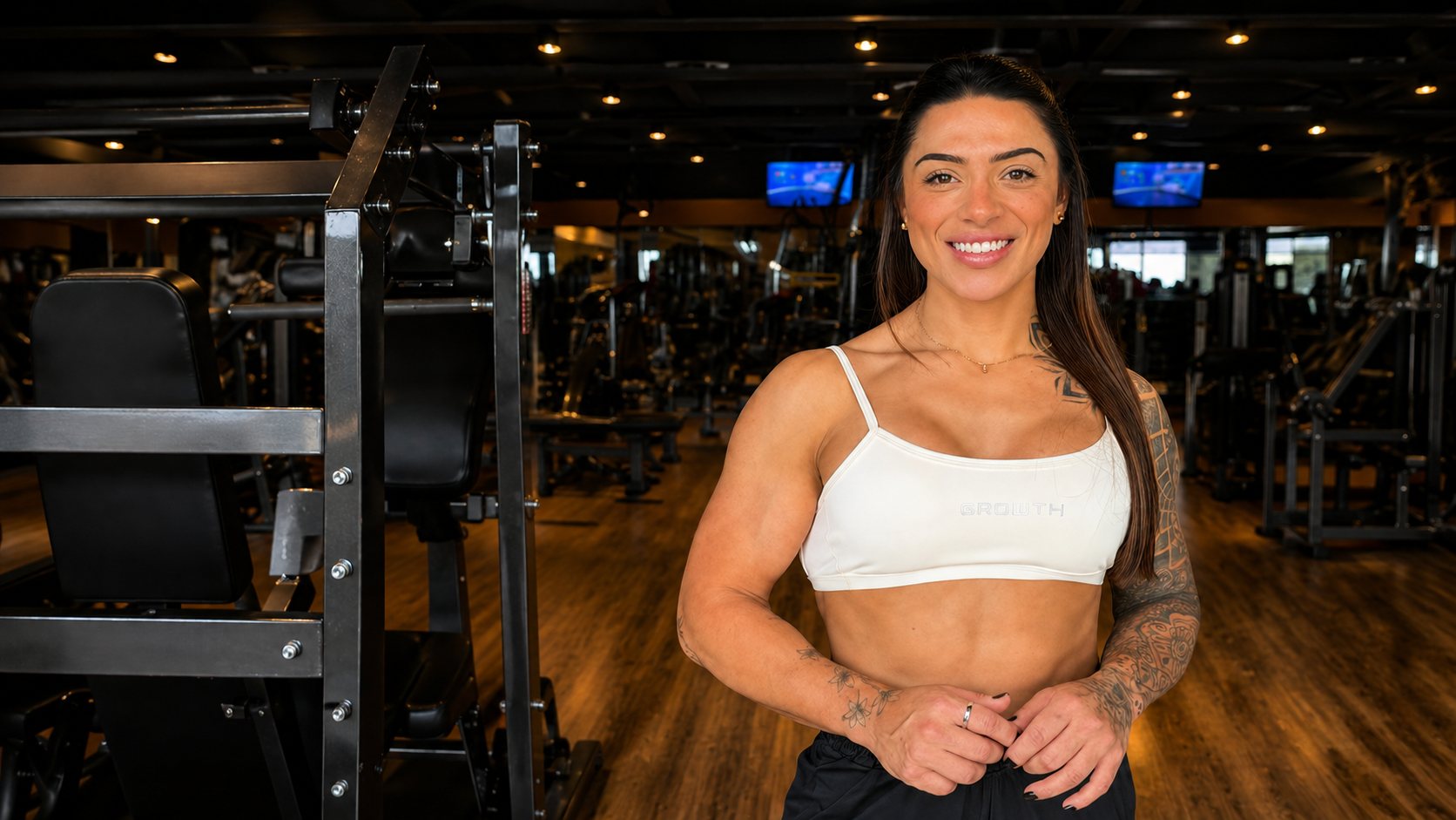 Taynara Passala, personal trainer e coach de alta performance, sorrindo em uma academia